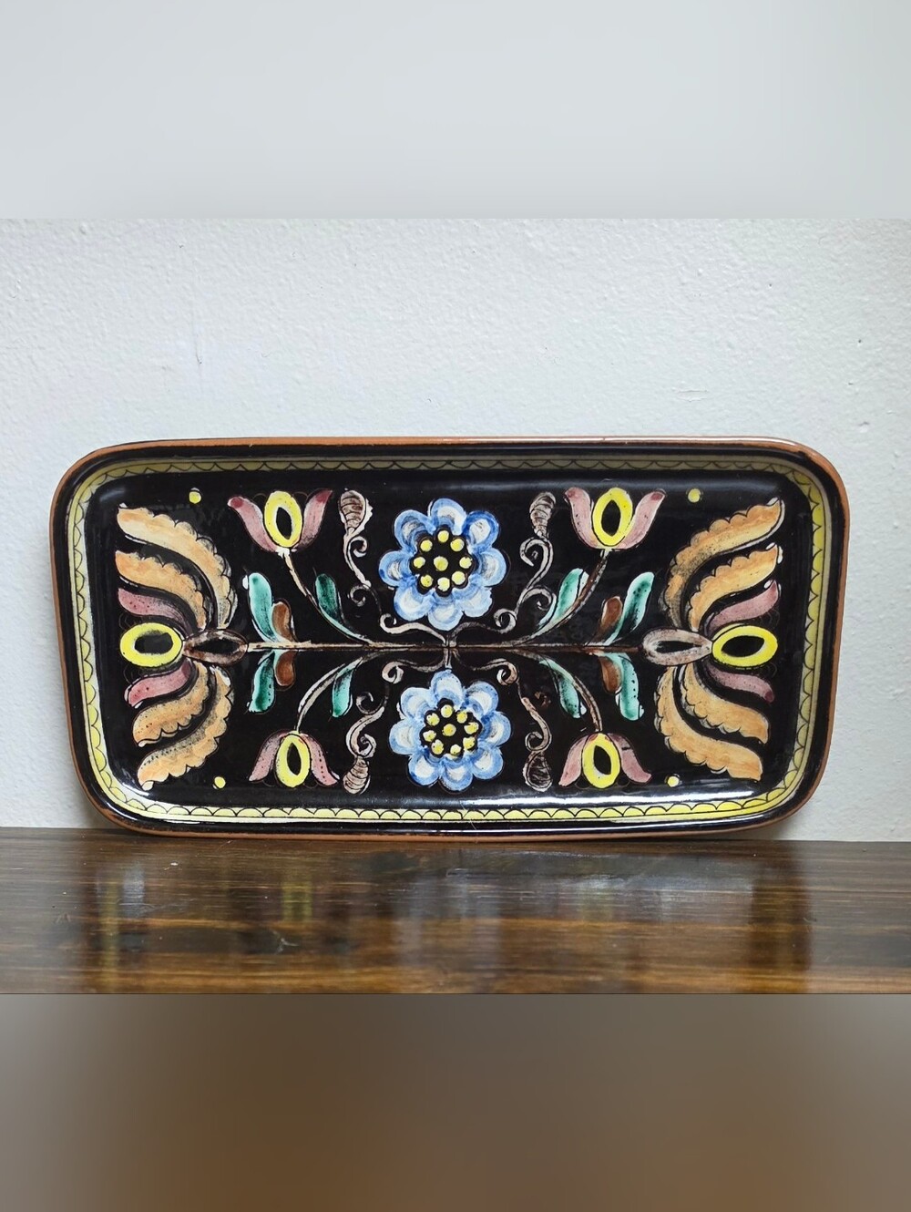 Vintage Swiss Floral Rectangular Tray Black Serving Platter